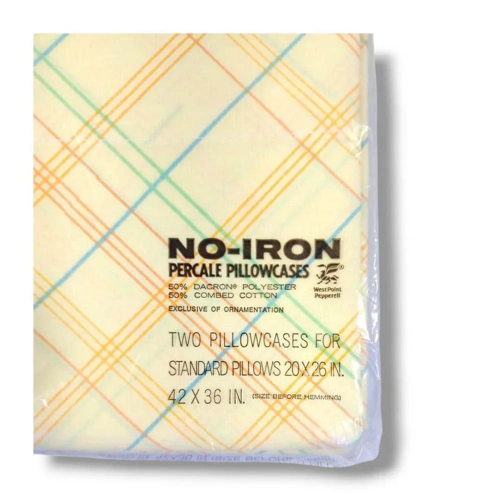 Vintage MARTEX Full Size No-Iron Percale 2-Flat Sheets 1-Pillowcase Yellow Plaid